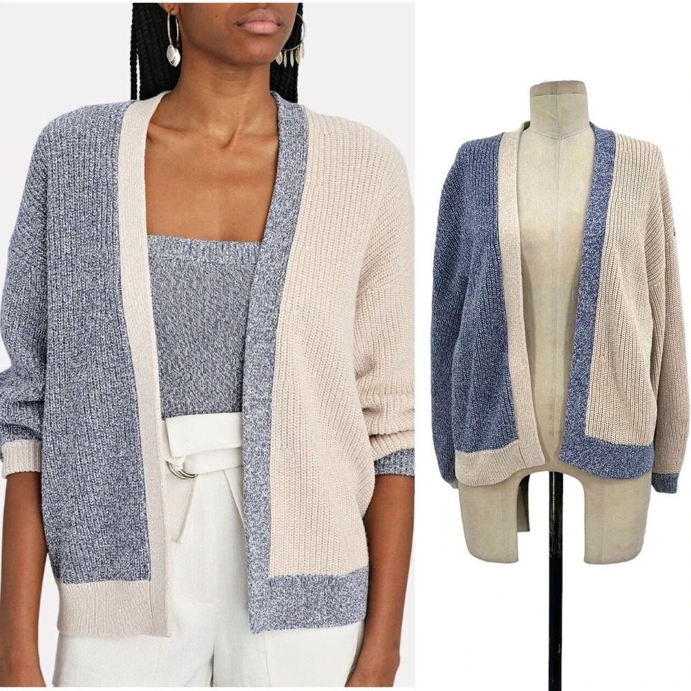 INTERMIX Aurora Two-Tone Rib Knit Cardigan Sweater Blue Beige Size XS‎